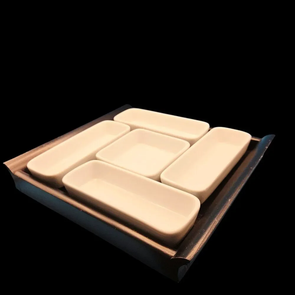 Crate & Barrel 5-Piece Appetizer Serving Set Wood Tray Porcelain Bowls